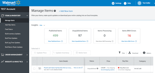 Screenshot of Walmart Seller Center item management dashboard